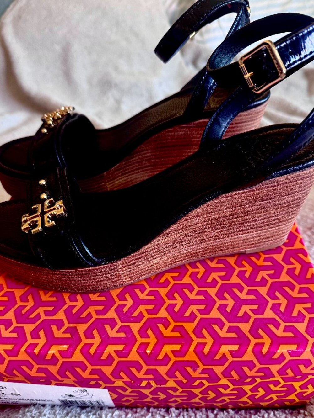 ✨ Tory Burch Elina 80mm Wedge Sandal Black Leather 10 With Box ✨ - Picture 2 of 4